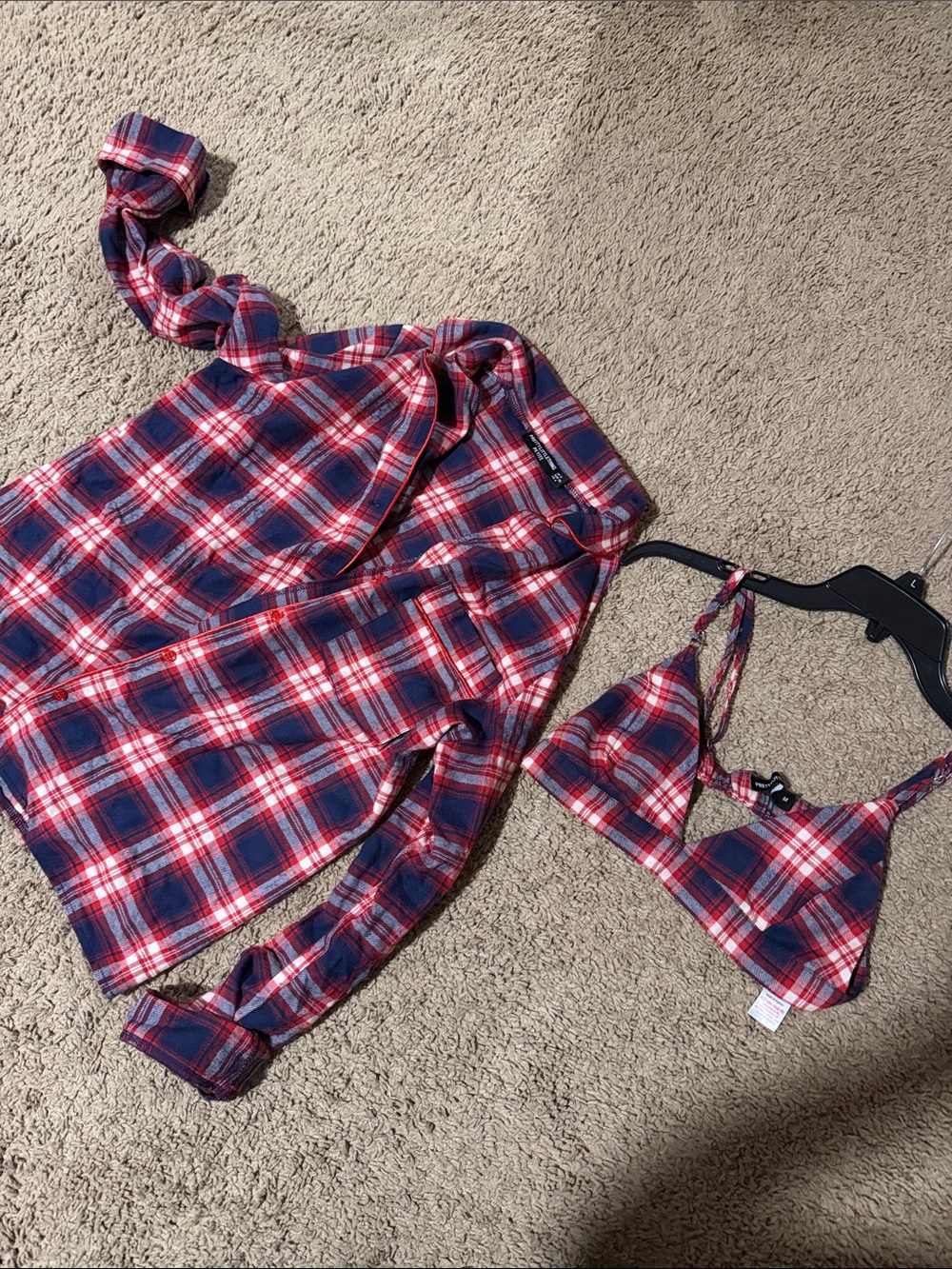 PrettyLittleThing Red & Blue Plaid Bralette and Shirt Set